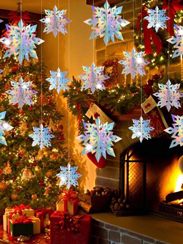 6pcs/Pack Christmas Hanging Snowflake Decorations, Christmas Party Decoration, Holographic 3D Stereo Snowflake Ornaments