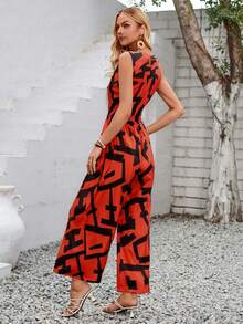 Elegant Mono y Palazzo De Mujer Con Estampado Geométrico, Monos De Chaleco Con Cinturón Moño Al Frente - Naranja - Ver 2