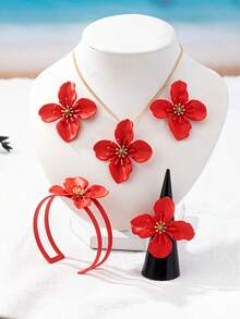 4 件套优雅喷花吊坠项链和耳环套装，别致的设计 - 玫紅色 - 查看 10