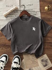 男孩和青少年学生休闲印花圆领短袖T恤，夏季上衣 - 深灰色 - 查看 4