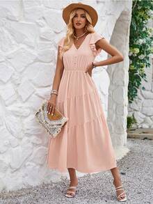 Vestido Maxi Suave y Cómodo de Verano para Dama, Cuello en V, Manga Corta con Volantes, Fresco y Transpirable - Rosa - Ver 2