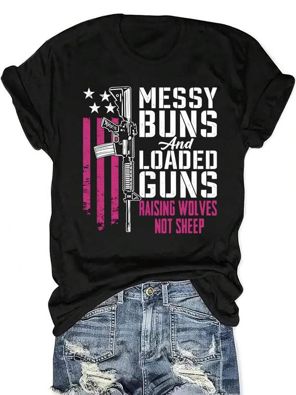 Women's Patriotic T-Shirt With "Messy Bun And Full Gun" Pattern - Casual Plus Size Round Neck, Short Sleeves, Comfortable Summer Top,Plus Size Women Clothes,Plus Size Tops,Plus Size Summer Clothes,Going Out Tops Women,Holiday Outfits Night,Inawly,Tops Damen,Summer Holiday,Cute Tops,Graphic Tees Women,Summer Tops,Tops For Women,Crop Tops Women,Summer Tops For Women,
