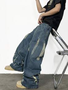 1pc Justice Brother Casual Brand Personalized Distressed Denim Wide Leg Loose Fit Jeans Pants For Men