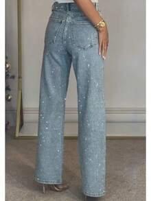 Women's Rhinestone Jeans High Waist Sright Leg Baggy Y2K Sparkly Vintage Wash Trousers Denim Pants - 藍色 - 查看 8