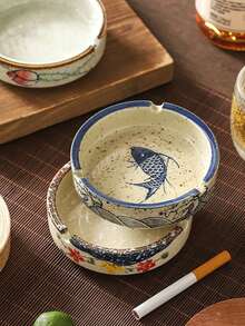 Ink Painting Ashtray, Ceramic Ashtray, Ashtray With Lid And Base, Anti Fly Ash Circular Ashtray, Thick And Easy To Clean, Japanese Mid To High End Ashtray, Retro Tea Room Ashtray, Creative Ashtray, Suitable For Home Living Rooms, Hotel Restaurants, And Tea Rooms - Multicolor - View 10