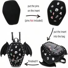 Goth Coffin Backpack With Detachable Bat Wing Halloween Coffin Ita Punk Shoulder Bag For Enamel Pins DisplaySkull ChainBlack-0029 - SkullChainBatWings-black - View 6