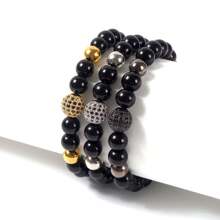 1pc Adjustable Size Micro-Inlaid Copper 10mm Ball Bracelet, Black Color Unisex Couple Bracelet
