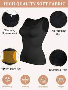 Slimming Women Tummy Control Shapewear Abdomen Compression Camisole Cami Vest Tank Top Body Shaper Ladies Underwear Undershirts Shaping Tops Shirts Wide Shoulder Strap No Pad - Black - View 4