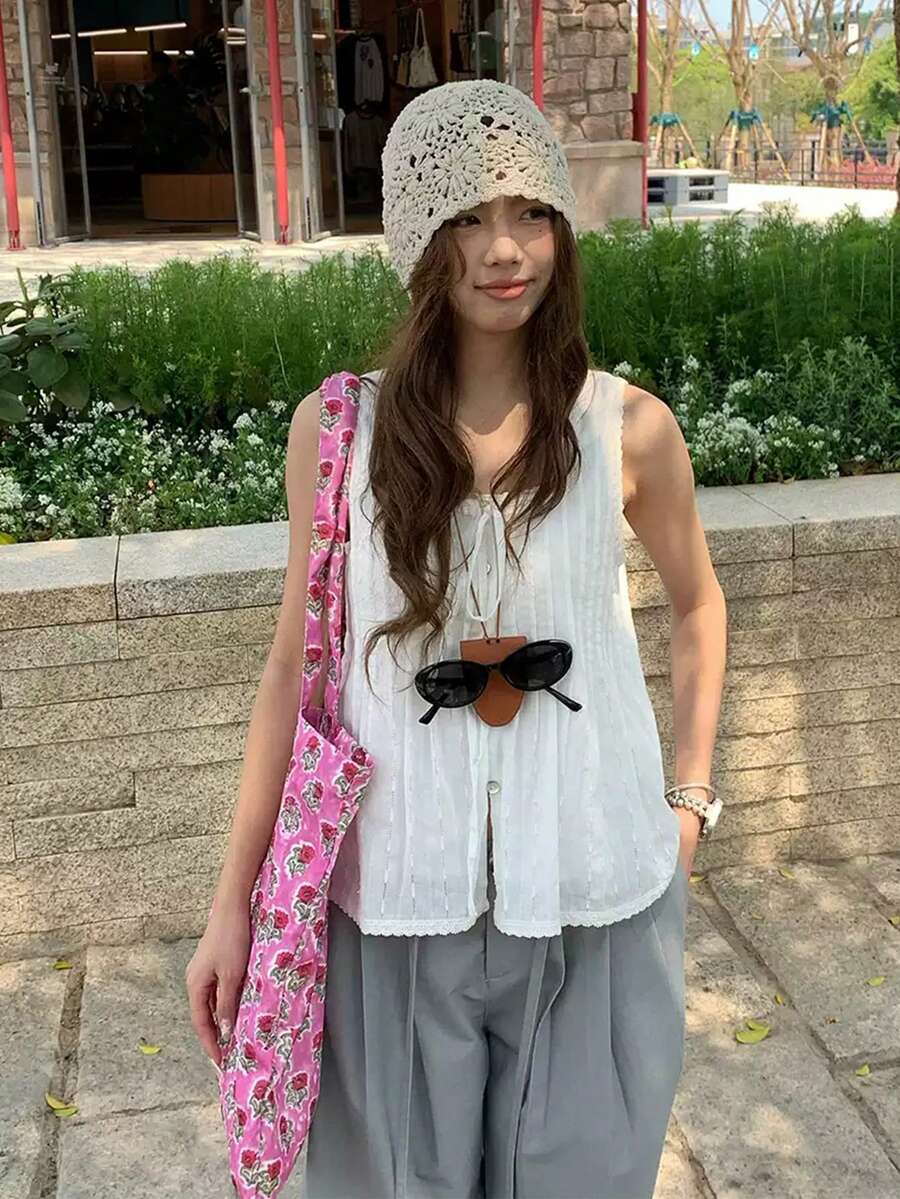 法式软系带无袖白色上衣 - 白色 - 查看 1