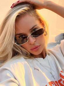 1 pieza Gafas de moda de mujer con montura metálica de media montura, con forma cuadrada, estilo callejero europeo y americano, estilo universitario versátil para volver a la escuela, con forma rectangular