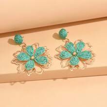1 Pair Versatile Raffia Hollow Flower Straw Earrings, Casual Resort Style, Colorful Woven Floral Pendant Earrings, Fashionable & Unique, Suitable For Women Daily Wear & Holiday