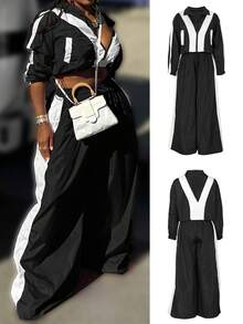 2pcs Set Woven Patchwork Loose Casual Sports Top Jacket With Zipper Pockets And Wide Leg Pockets Pants Suit Black Vacation Spring - Black - View 6