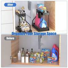 1pc Under Sink Organizers Black/White, 2 Tier Large Capacity Pull Out Kitchen & Bathroom Under Sink Drawer Organizer Space Saving, Black Storage Solution,Double Layer L Shaped Sliding Storage Organizer, Multi Functional Bathroom Caddy For Cosmetic, Cleaning Supplies, Great For Bathroom, Kitchen, Vanity Bathroom Accessories - Black - View 3