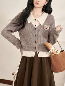 Alicedudu Áo len cardigan cổ bẻ 2 trong 1 dễ thương thời trang thu đông dành cho nữ - Màu cà phê sữa - Xem 6