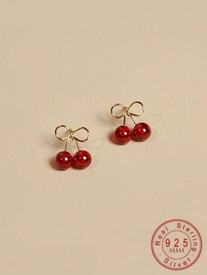 1 对 S925 纯银红樱桃耳钉，适合女士，合成红石榴石方晶锆石耳环，优雅的婚礼派对珠宝礼物