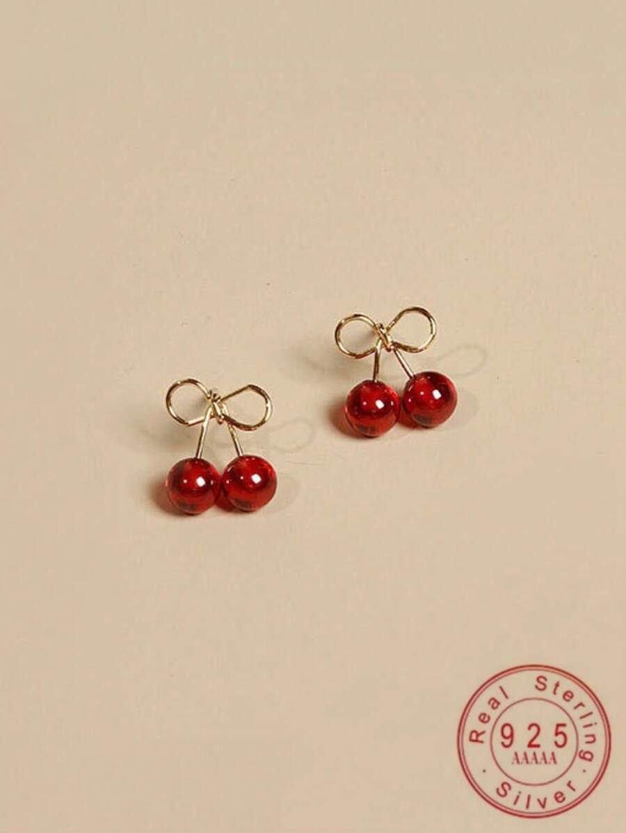 1 对 S925 纯银红樱桃耳钉，适合女士，合成红石榴石方晶锆石耳环，优雅的婚礼派对珠宝礼物 - 櫻桃 - 查看 1