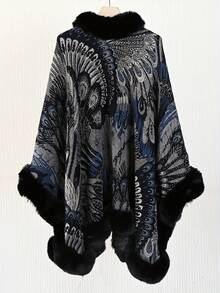 Xale Poncho Tricotado com Design de Pena de Pavão Elegante, Novo, Quente, Confortável e Respirável, Xale Grosso Vintage para Outono/Inverno, Combinado com Borda de Pele Sintética Macia para Vestido