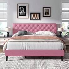 Upholstered Bed Frame With Headboard, Linen Fabric Bed Frame With Button Tufted Headboard, No Box Spring Needed, Easy Assembly, Twin/ Full/ Queen/ King, Beige/ Pink/ Dark Grey/ Grey/ Blue/ Cream/ Black - 粉色 - 查看 14