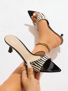 Women's Stiletto Heels Mules Sandals, Sexy Cinched Waist Wide Vamp Passionate Zebra Print Pointed Toe Graceful Kitten Heel Electroplated Silver High Heels, Fashion Night Party Runway Casual Indoors Outdoor Travel Avant-Garde Slippers Glossy Mysterious Luxurious Black High Heels - Black Zebra Print - View 4