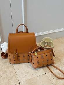 女士 PU 皮革兔子印花翻盖背包 + 单肩包套装（含毛绒钥匙扣），时尚实用的通勤包