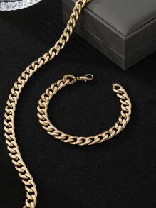 2 Stücke goldfarbenes Klobiges Metallkettenglieder Halsketten- und Armband Set, polierte Oberfläche, stilvolles minimalistisches Design, geeignet für Herren Freizeitkleidung oder als Geschenk