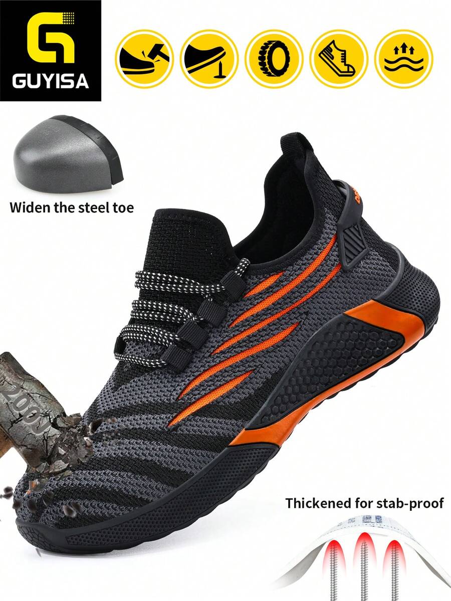 Protective Work Shoes: Steel Toe, Cut Resistant, Soft Rubber Sole, Black Upper With Orange Accent, Breathable Sports Safety Shoes - Black - View 1