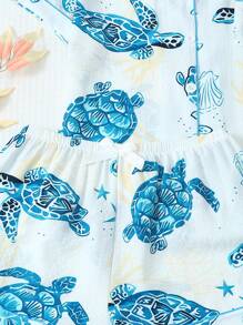 2pcs Comfortable Turtle & Shell Print Polo Collar Button Short Sleeve Top With Pockets And Bow Shorts Pajamas Set, For Spring & Summer Home Wear - Blue - View 5