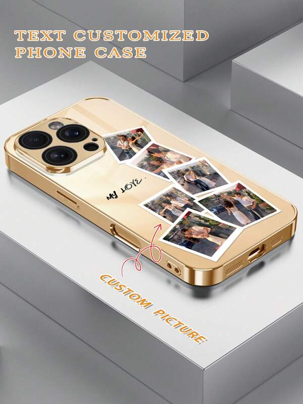1 pieza Funda de teléfono de vidrio dorado personalizada de alta definición, compatible con iPhone 16Promax/15Pro/16/14/13Promax/12Pro/11/15/13Pro/12Promax Xsmax/7plus, regalo de lujo, moda, foto de pareja, protección anti-caídas