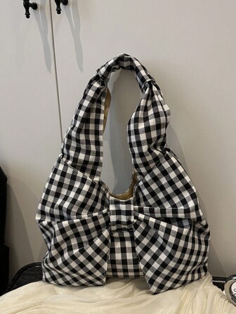 Sac fourre-tout femme grande capacité à carreaux, sac à épaule mode avec décor nœud, sac à main polyvalent décontracté à ouverture sur le dessus