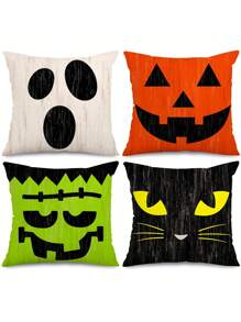 4pcs/1pc Retro Style Halloween Party Decoration Pillow Cover, Character Expression Cushion Cover - Printed With Ghost, Pumpkin, Black Cat Patterns, 18x18 Inches | Zipper Closure | Durable Polyester Material | Sofa, Bedroom, And Living Room Decoration, Used For Halloween Decoration, Party Supplies, And Home Decor. No Filling Material