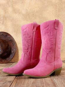 Women'S Cowboy Western Boots Point Toe Pull On Cowgirl Boots  Embroidered Detail Chunky Heeled Back To School Music Festival Matching Dress Mid Calf Hot Pink Boots - 玫紅色 - 查看 2