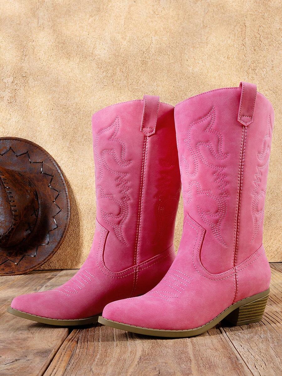 Women'S Cowboy Western Boots Point Toe Pull On Cowgirl Boots  Embroidered Detail Chunky Heeled Back To School Music Festival Matching Dress Mid Calf Hot Pink Boots - 玫紅色 - 查看 1