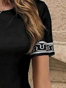 Váy mini tay ngắn dệt kim thường ngày dành cho nữ, cổ tròn họa tiết hình học, chân váy mini ôm màu đen - Màu xanh lam - Xem 5