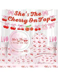Cherry Pink Bow Theme Party Decorations Kit - Summer Girls Birthday Party Supplies With Banner, Paper Plates, Balloons For Cake Table Decoration - Sweet Cute Photo Booth Backdrop