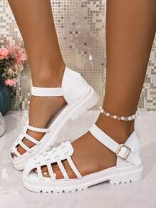 欧美风格厚底凉鞋，带钩环扣，黑色厚底系带中跟休闲运动步行凉鞋，夏季厚底软底百搭坡跟拖鞋，适合女士 - 白色 - 查看 1