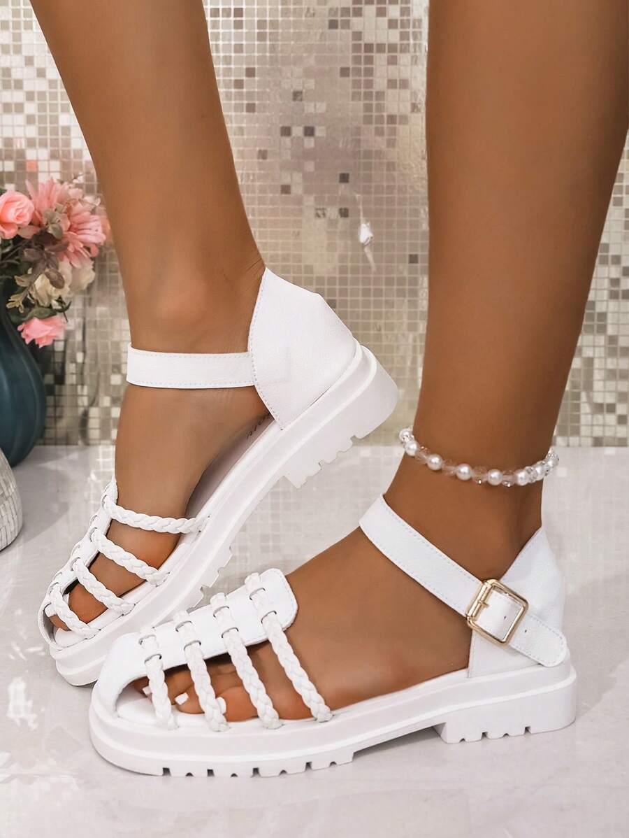 欧美风格厚底凉鞋，带钩环扣，黑色厚底系带中跟休闲运动步行凉鞋，夏季厚底软底百搭坡跟拖鞋，适合女士 - 白色 - 查看 1