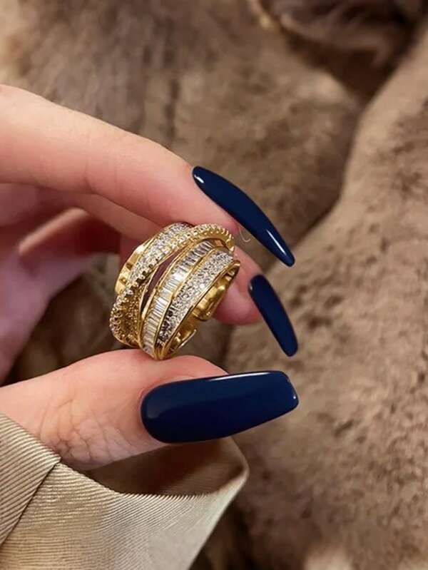 1 pieza Anillo de múltiples bandas de estilo de lujo y elegante con circonita cúbica, accesorio de moda versátil adecuado para diversas ocasiones para resaltar el encanto personal