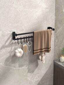 1个带挂钩的自粘式毛巾架，壁挂式毛巾杆，浴室毛巾架，浴室和厨房收纳架，浴室配件，浴室工具 - 黑色 - 查看 3