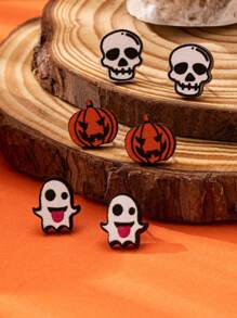 6 Peças Brincos de Pressão com Desenho de Fantasma, Caveira e Abóbora de Moda para Halloween para Mulheres
