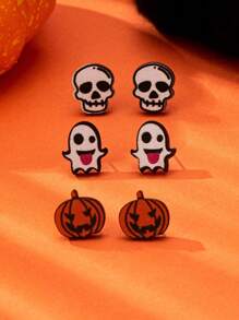 6 Peças Brincos de Pressão com Desenho de Fantasma, Caveira e Abóbora de Moda para Halloween para Mulheres