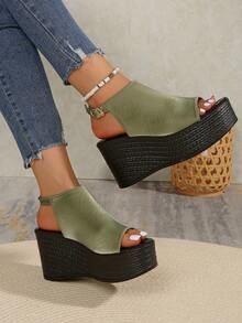 女士纯色厚底凉鞋，踝带休闲夏季沙滩鞋，百搭厚底鞋