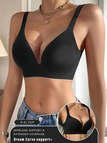 1pc Solid Color Seamless Mesh Patchwork Edge Adjustable NOn Removable Padded Wireless Bra Casual-Comfy
