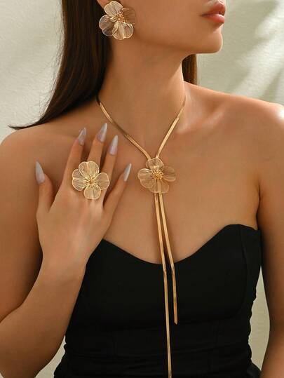 4pcs/1 Pair/1pc Elegant Necklace, Earrings, Ring Jewelry Set For Women, Fashionable European And American Exaggerated Metal Style, Creative Hollow Flower Geometric Shape, Flat Snake Chain, Y-Shaped Long Tassel Necklace, Suitable For Daily Wear, Banquet, Celebration, Versatile Luxury Gift Accessories