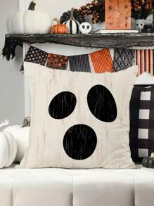 4pcs/1pc Retro Style Halloween Party Decoration Pillow Cover, Character Expression Cushion Cover - Printed With Ghost, Pumpkin, Black Cat Patterns, 18x18 Inches | Zipper Closure | Durable Polyester Material | Sofa, Bedroom, And Living Room Decoration, Used For Halloween Decoration, Party Supplies, And Home Decor. No Filling Material