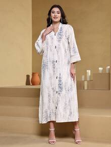 刺绣优雅长袍，V领七分袖，时尚长袍，2026年沙特国庆节最新款，白色春季款 - 白色 - 查看 7