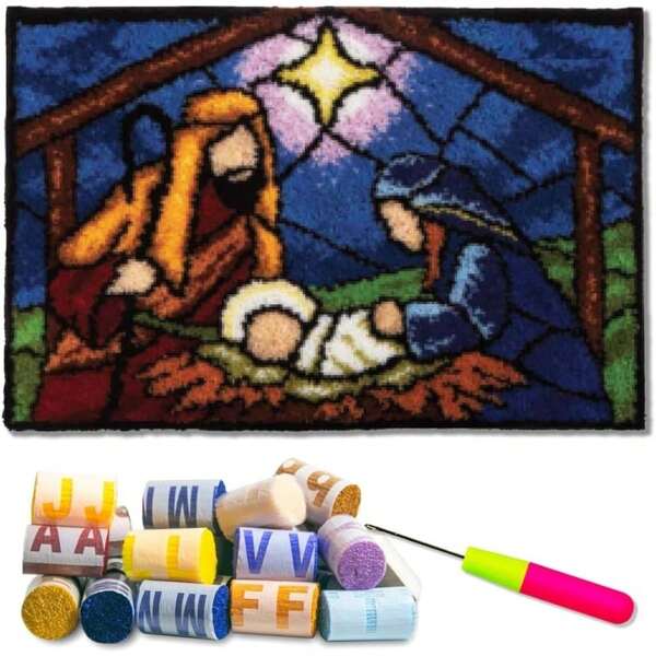 Winter Holiday Scene Latch Hook Kit, DIY Crochet Yarn Rug Set, Pre-Printed Canvas, Soft Mixed Color Yarns, With Needle And Storage Pouch, For Home Decor, 20x15 Inch,52*38cm