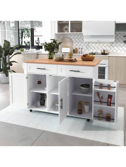 Kitchen Isl Sideboard Marble Effect Worktop, Extendable Tabletop Storage Space, Serving Trolley Wheels Drawers, Ideal Dining Room view 3
