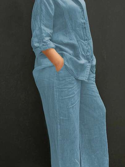 Spring, Summer, Autumn Polo Collar Casual Cardigan, Versatile Solid Color Elegant Shirt Top, Suitable For Beach, Daily, Commuting, Work, Shopping, Soft Fabric, Elastic Waist Loose Pants, 2 Pieces Set