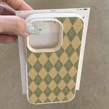 1pc TPU Material Elegant Classic Retro College Style Yellow Green Diamond Plaid Pattern Phone Case Compatible With IPhone/Redmi Phones - White - View 4