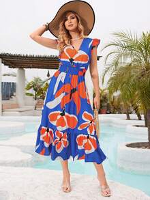 Vestido Largo Con Estampado De Flores Colocadas Para Dama, Vestido Cuello en V,Con Fruncido en Cintura, Vestido Manga de Volante,Vestido Con Ribete Fruncido - Azul - Ver 3